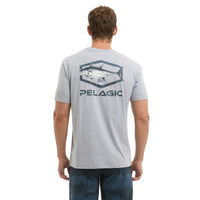 Man wearing a gray t-shirt with a fish design and 'Pelagic' branding on the back.