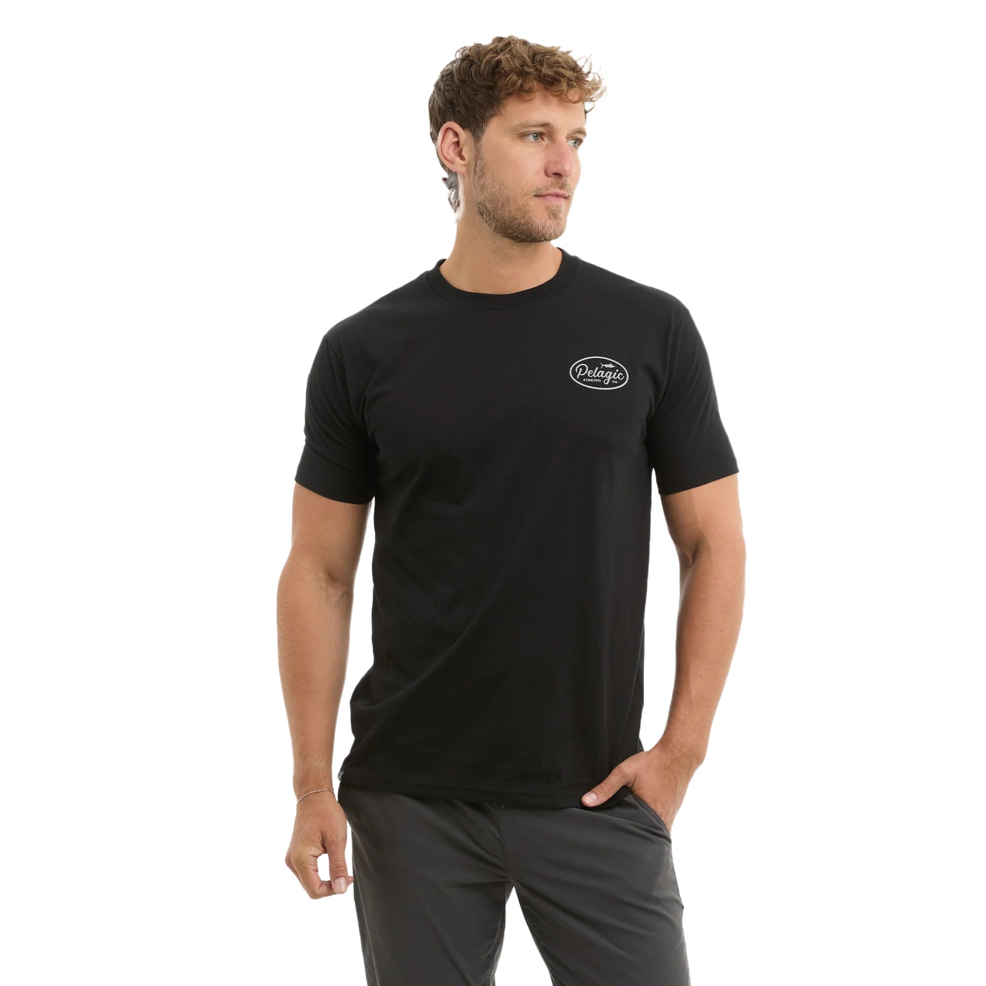 Man wearing a black t-shirt with a logo on a white background
