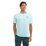 Man wearing a light blue t-shirt with a Pelagic fishing logo on a white background
