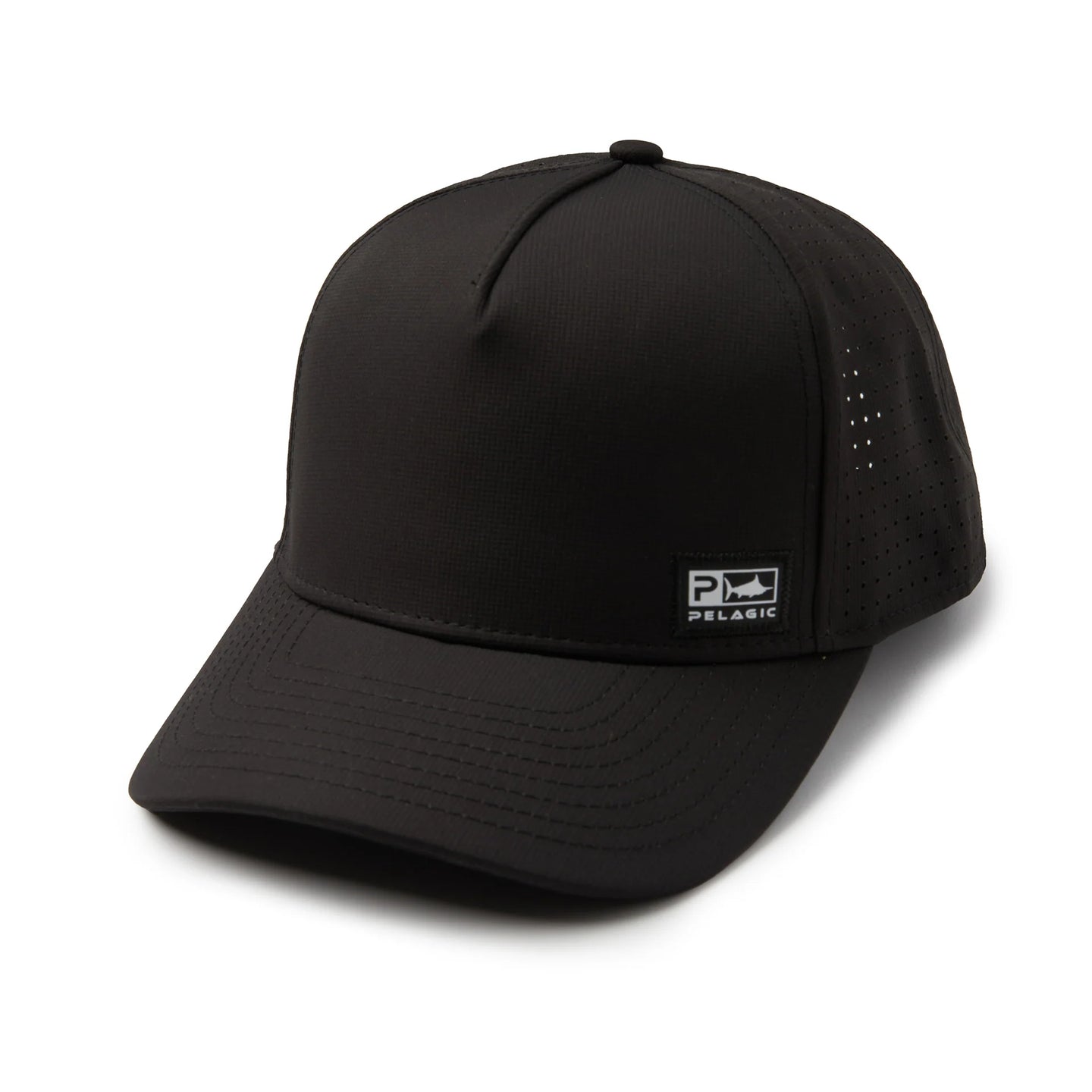 Modern Black cap with a Pelagic brand logo on a white background