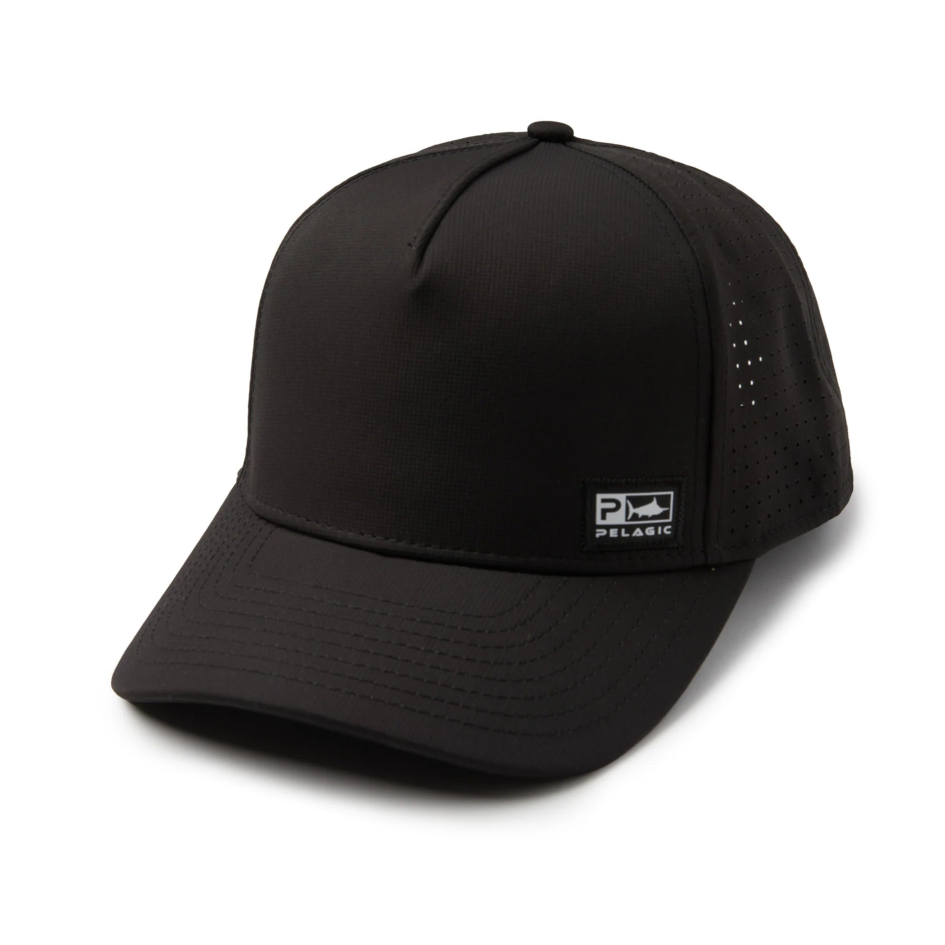 Modern Black cap with a Pelagic brand logo on a white background