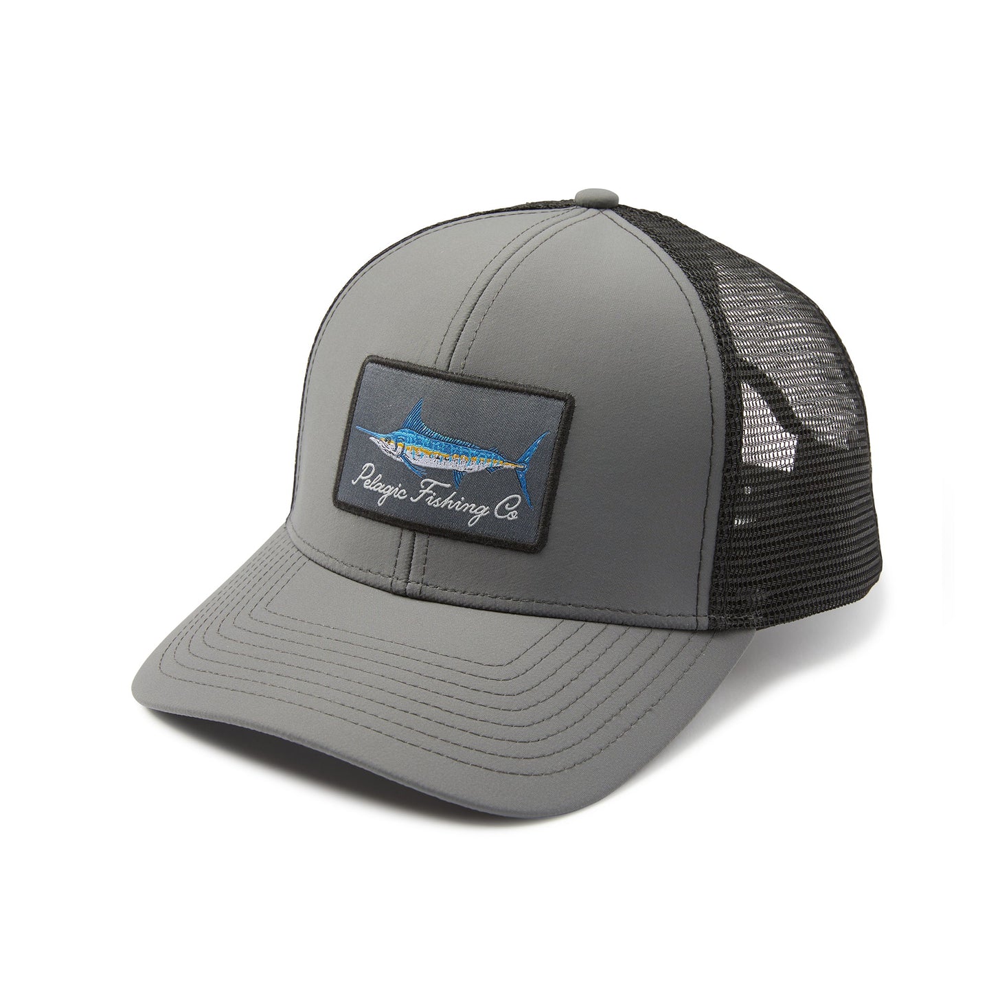 Gray and black trucker cap with a logo on a white background