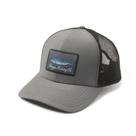 Gray and black trucker cap with a logo on a white background