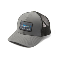 Gray and black trucker cap with a logo on a white background