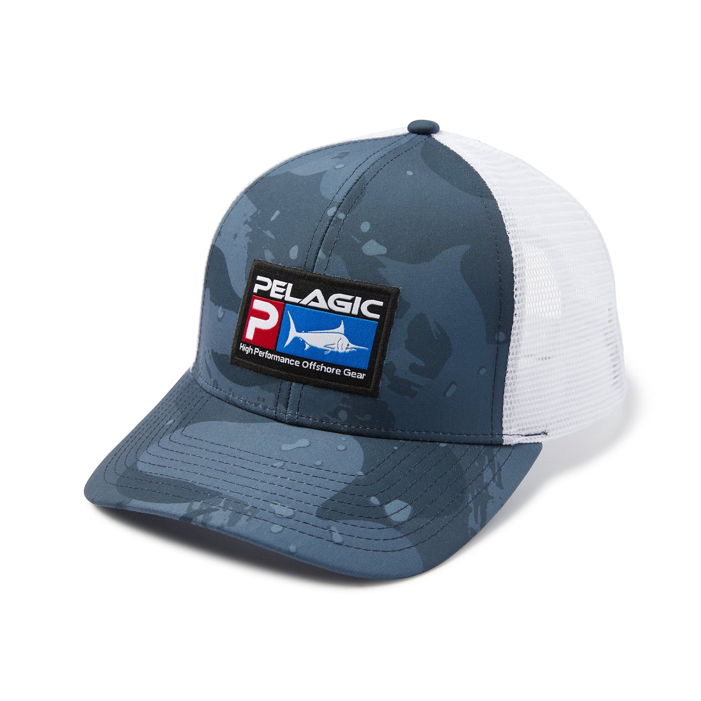Blue and white cap with Pelagic logo on a white background
