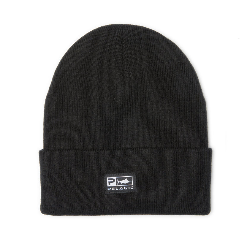 Black beanie with Pelagic logo on a white background