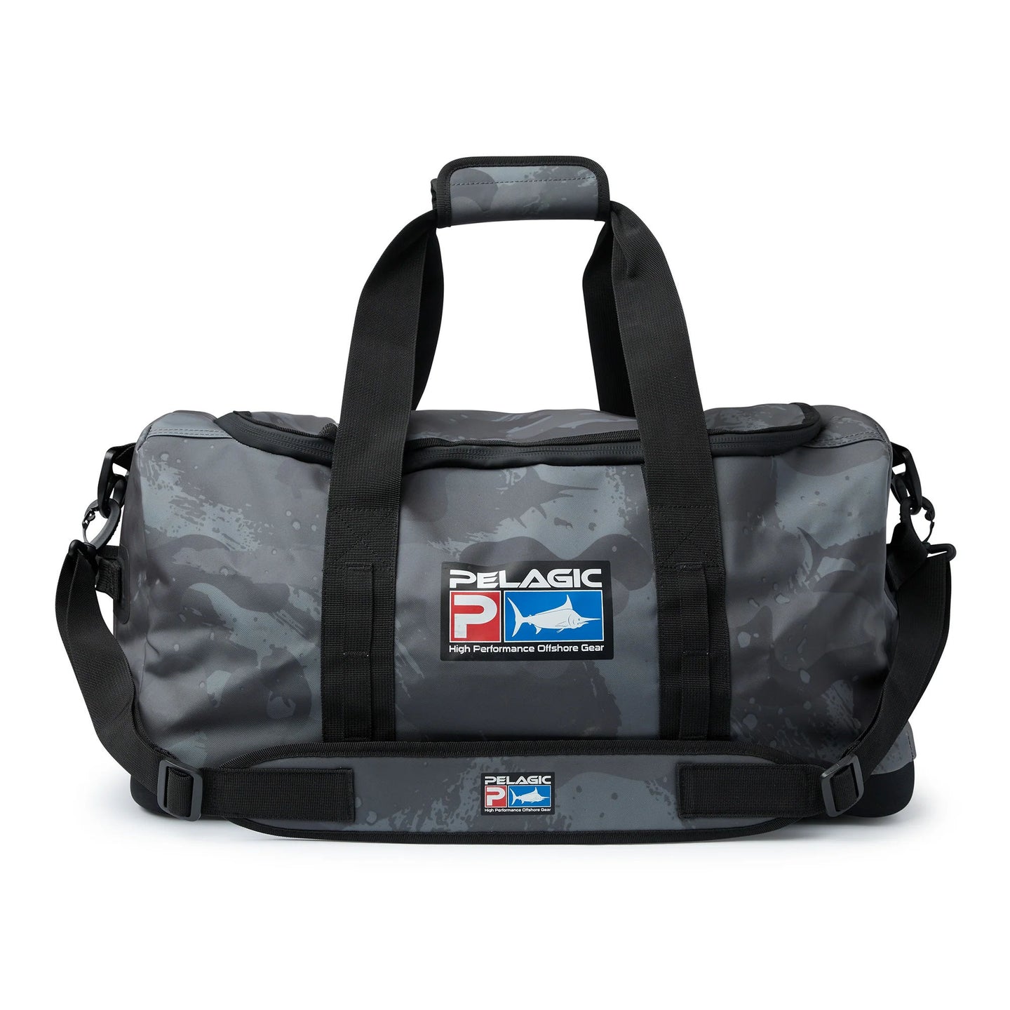 Gray duffel bag with black straps and Pelagic logo 