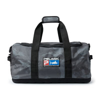 Camo Grey 50L duffel bag with black straps and Pelagic logo 