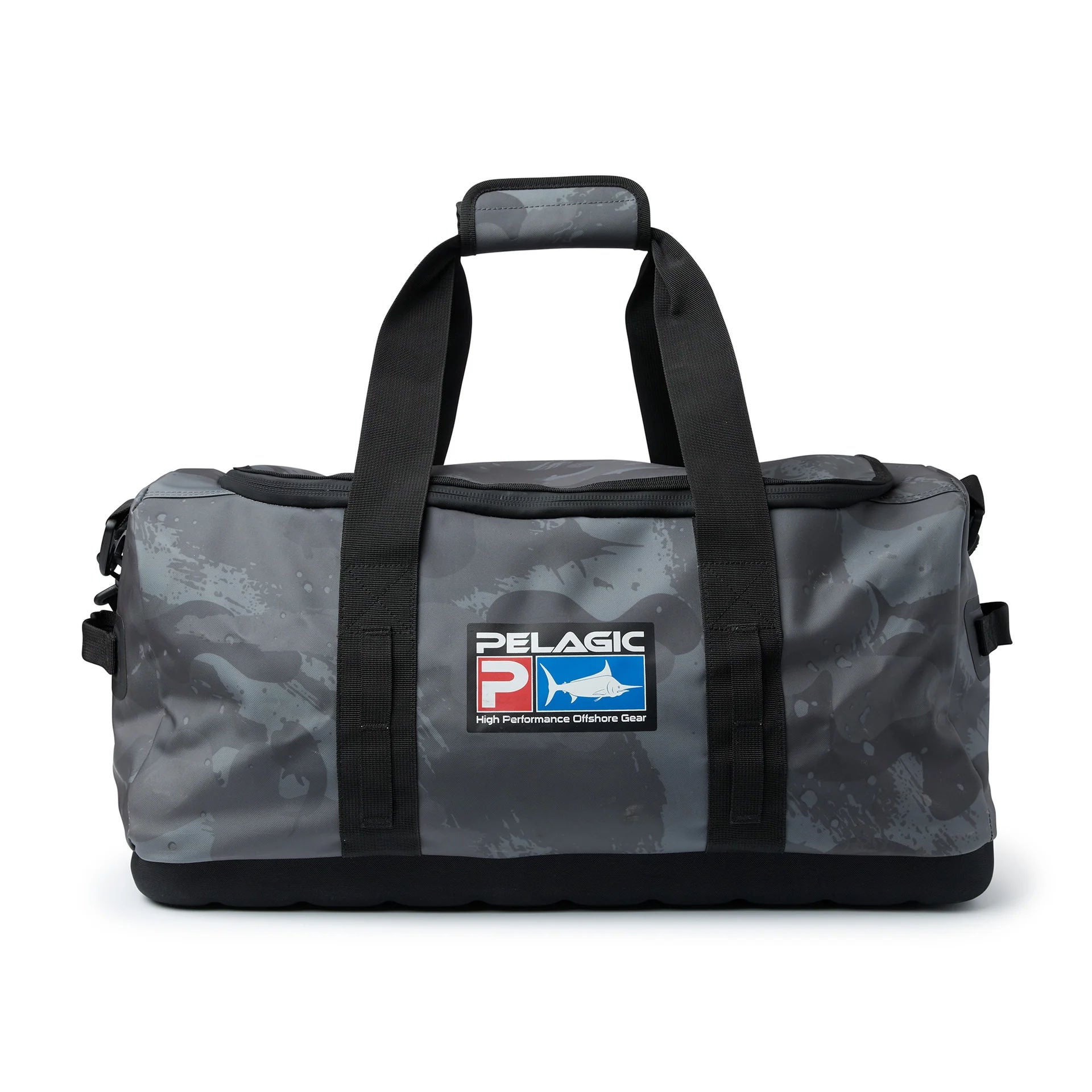 Camo Grey 50L duffel bag with black straps and Pelagic logo 
