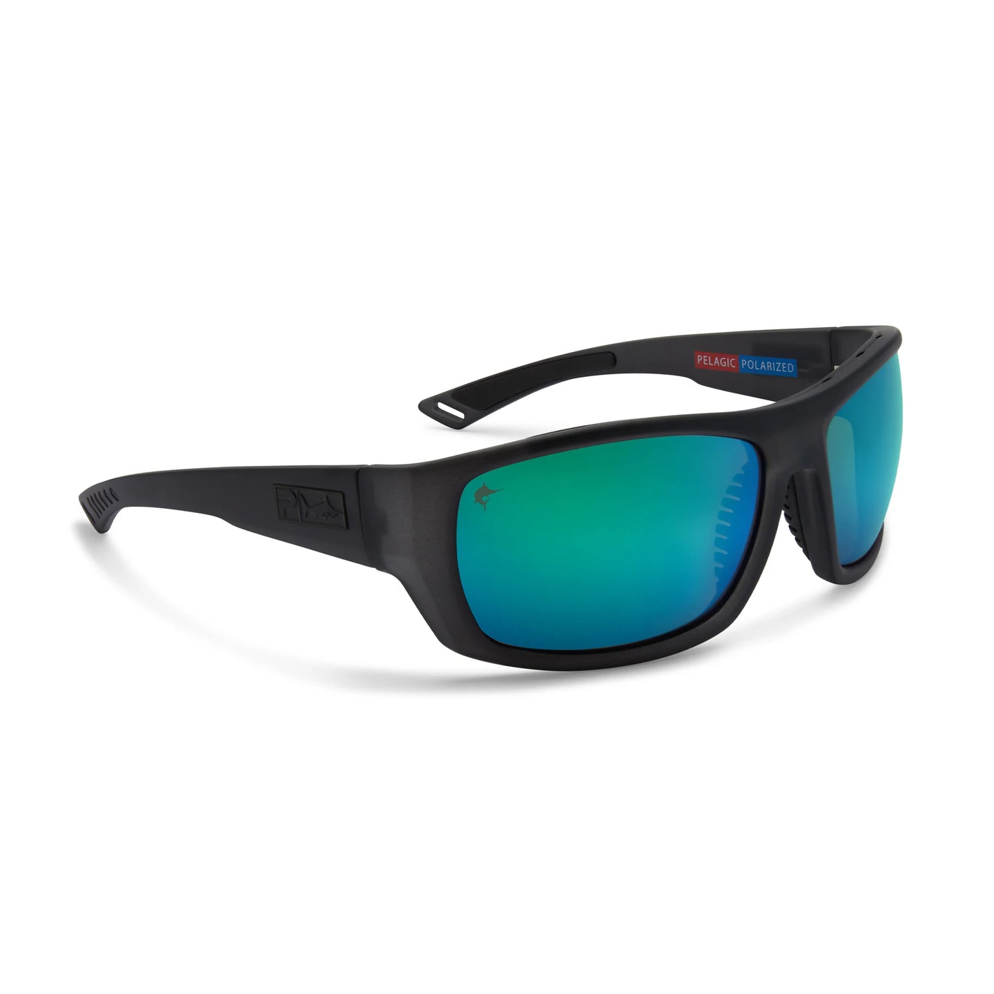 Black frame fishing sunglasses with green polarised lenses 