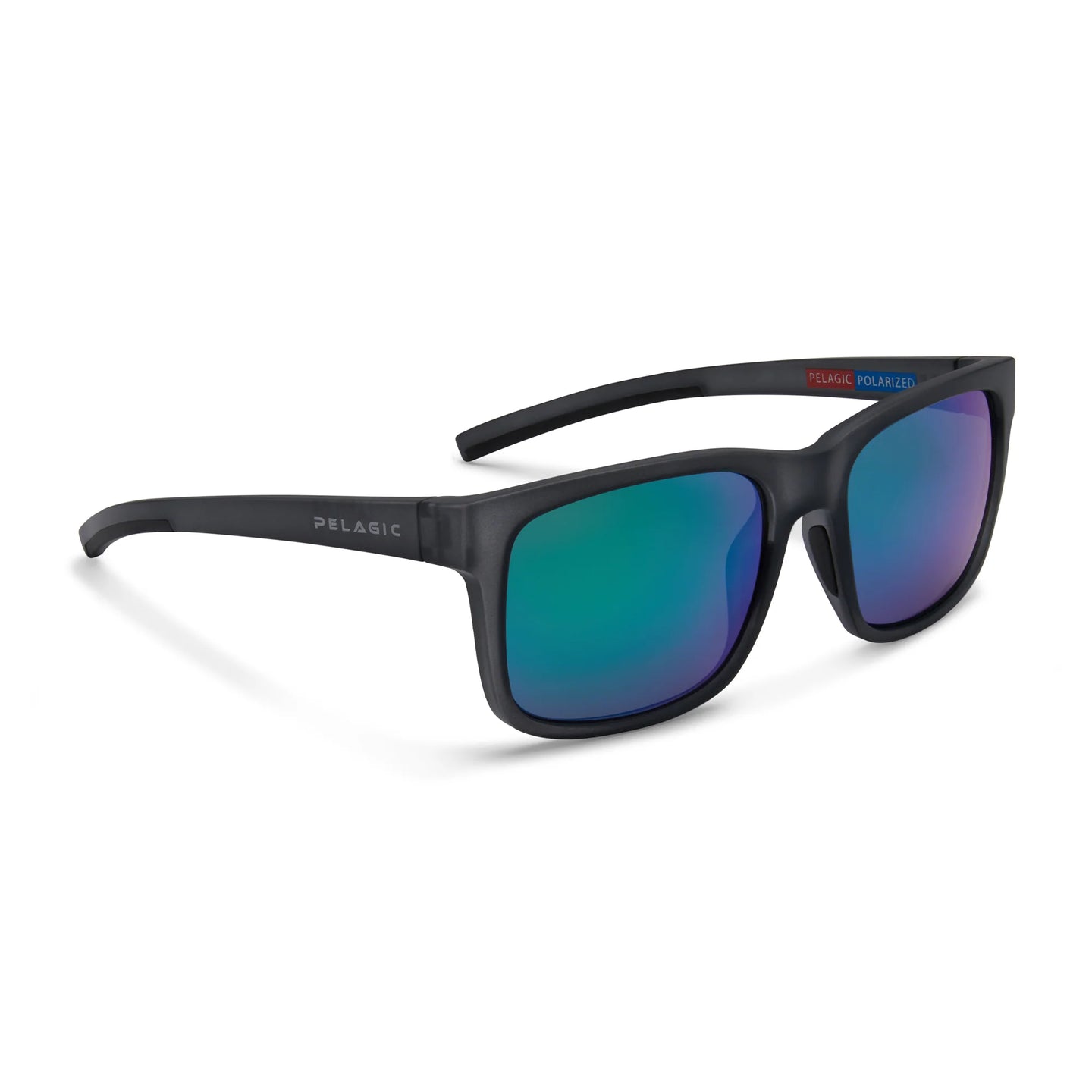Black sunglasses with blue-tinted lenses, polarised for fishing