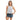 Woman wearing a gray sleeveless top and blue shorts on a white background