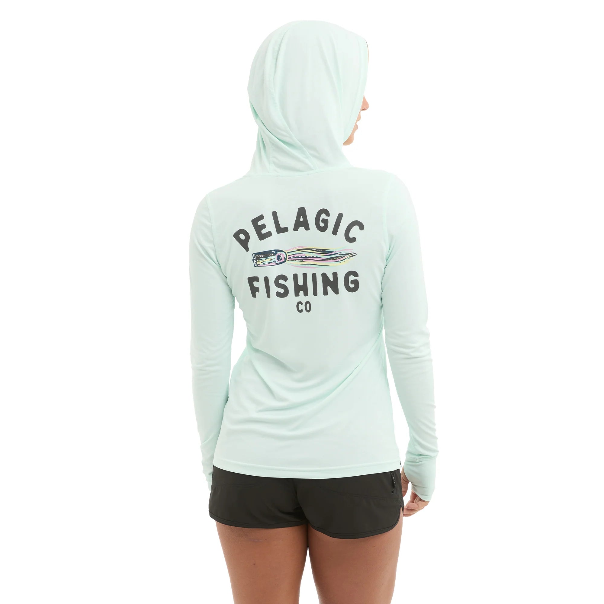 Light blue hoodie fishing shirt with 'Pelagic Fishing Co' text on the back, worn by a women 