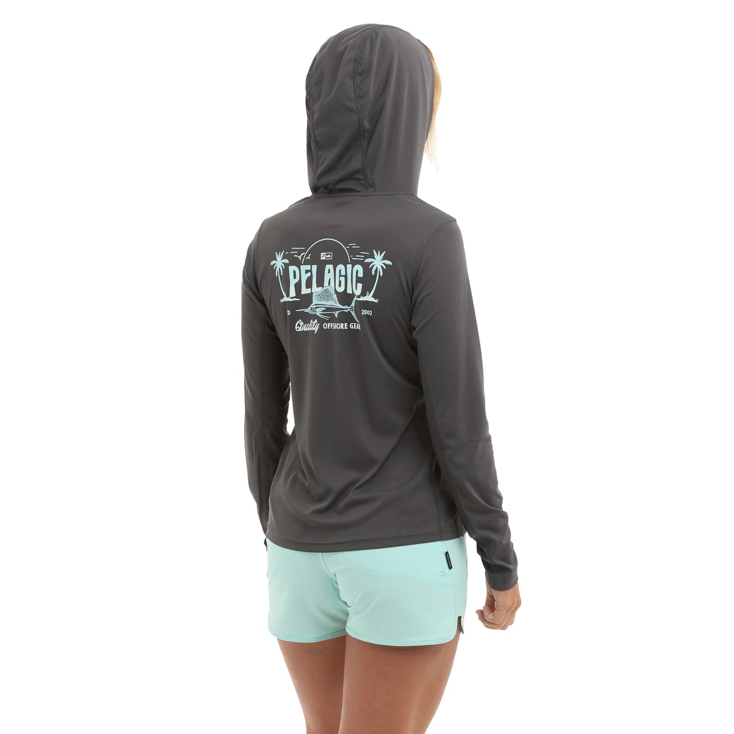 Person wearing a gray hoodie with a Pelagic logo on the back, standing against a white background.