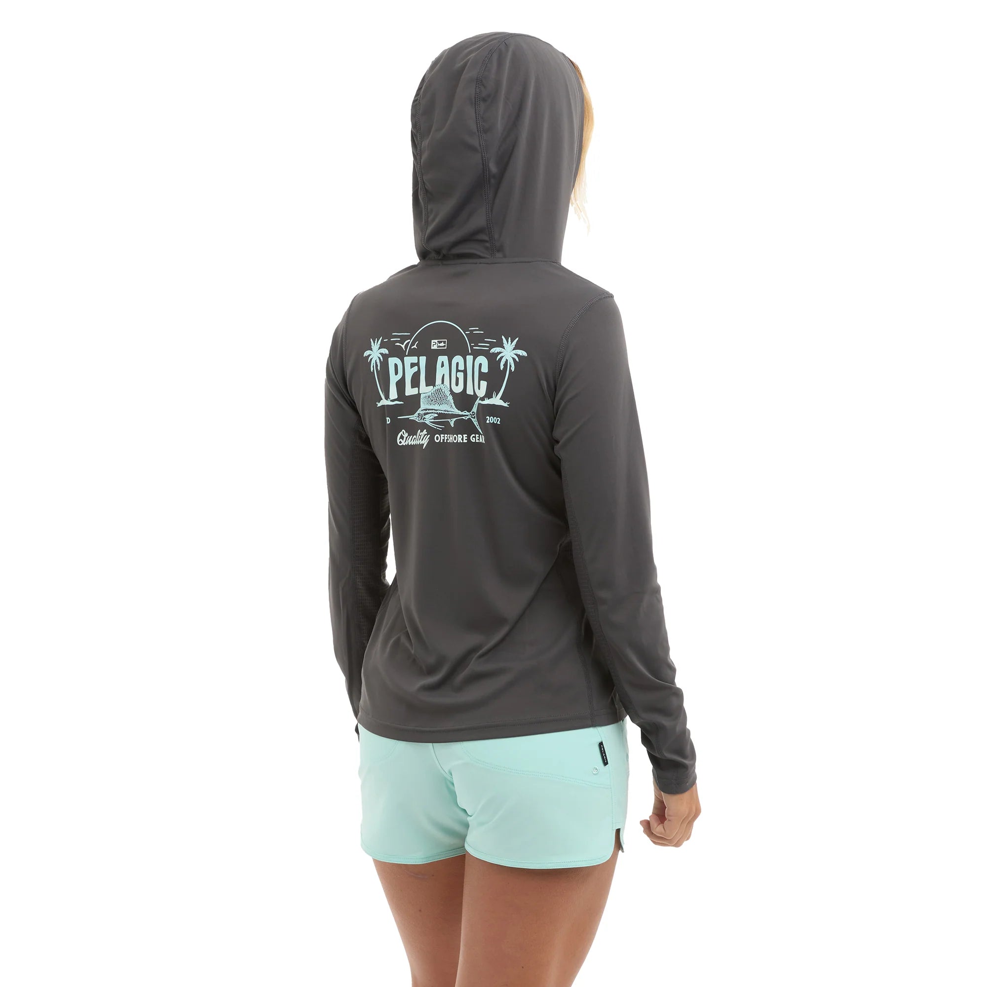 Person wearing a gray hoodie with a Pelagic logo on the back, standing against a white background.