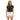 Woman wearing a black t-shirt with a logo and white shorts on a white background
