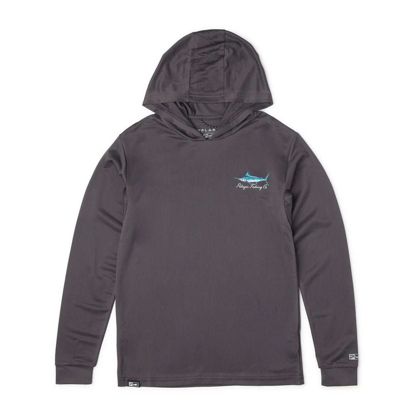 Gray hooded fishing shirt with a logo on a white background