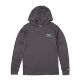 Gray hooded fishing shirt with a logo on a white background