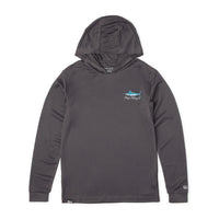 Gray hooded fishing shirt with a logo on a white background