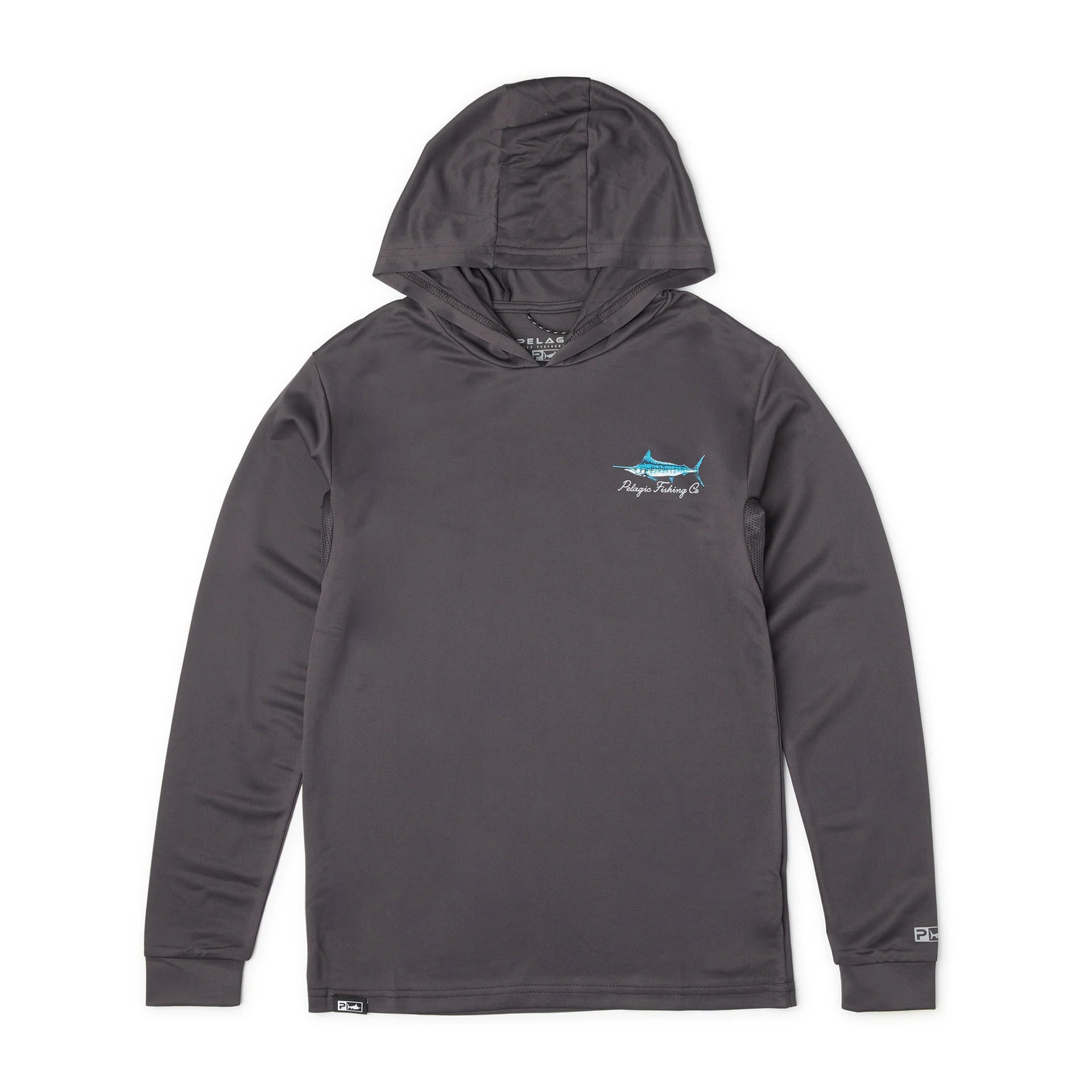 Gray hooded fishing shirt with a logo on a white background
