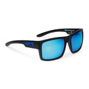 A pair of black-framed polarized sunglasses with blue mirrored lenses designed for fishing.