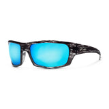 The Mack sunglasses with blue lenses and a black & white frame on a white background