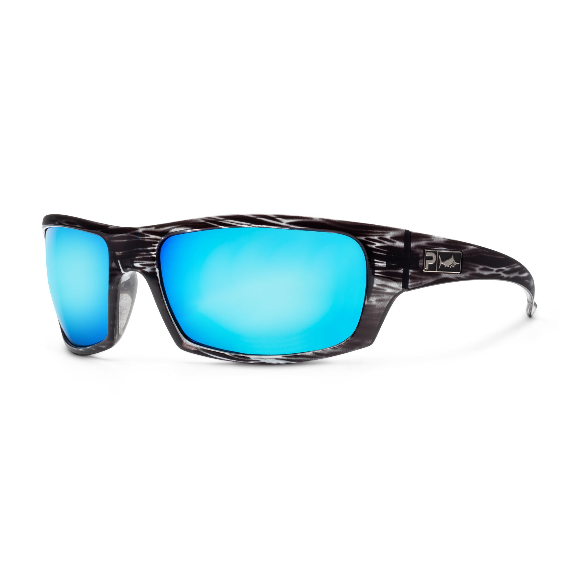 The Mack sunglasses with blue lenses and a black & white frame on a white background